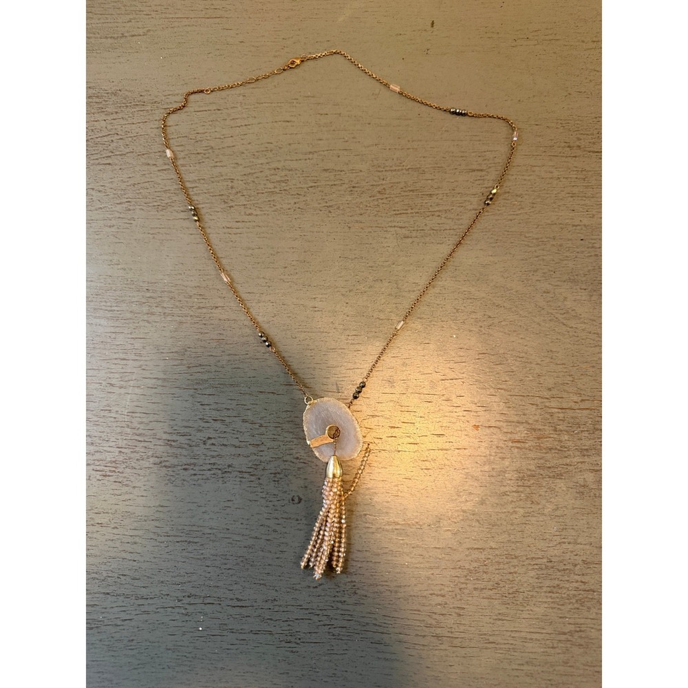 Rose Gold Tone Agate Slice Beaded Tassel Long Pendant Necklace Boho Statement